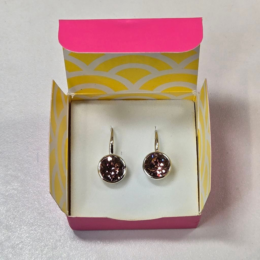 NWT Origami Owl Earrings Silvertone Pink Crystal Lever Back Drop Sparkle Festive